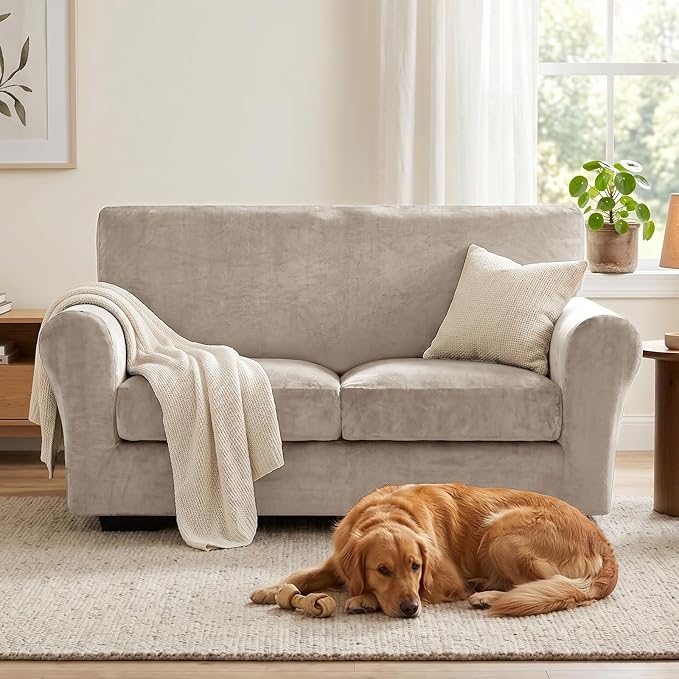 XINEAGE 3-Piece Velvet Loveseat Sofa Cover, Couch Covers for Dog,Khaki | 2 Cushion Loveseat,Stretch Non-slip Elastic, Pet-friendly, Washable, Fast Setup, Soft Plush Fabric, Furniture Protector. - Image 4