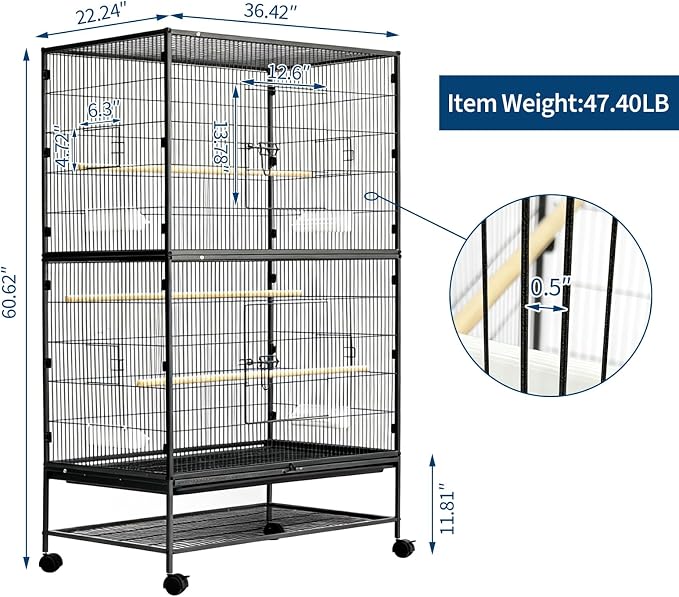 60" H Large Bird Cage, Rolling Bird Cage with Storage Stands, Feed Bowls, Wide Flight Parakeet Cage for Macaw, Parakeets, Conures, Cockatiel, Cockatoo - Image 2