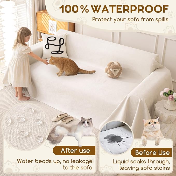 OstepDecor Waterproof Couch Covers for Pets, Couch Protector from Cat Claws | Washable Sofa Cover for Dogs, Non Slip Furniture Protector for Sofas, Loveseats & Sectionals, 71"x118", White - Image 4
