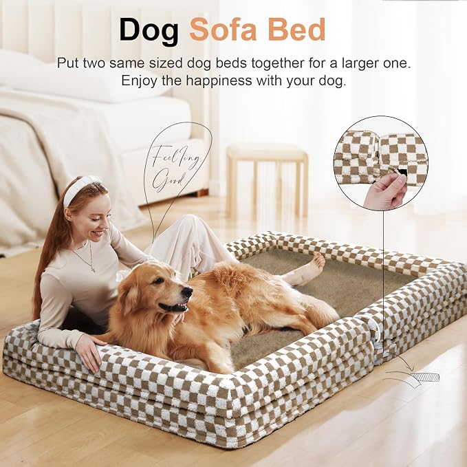 NANUYA Orthopedic Dog Bed for X-Large Dogs, 40 x 32 Inch, Brown Grid | Egg crate foam for joint support, 3-sided bolster pet sofa, waterproof lining, washable cover, and non-skid base - Image 3