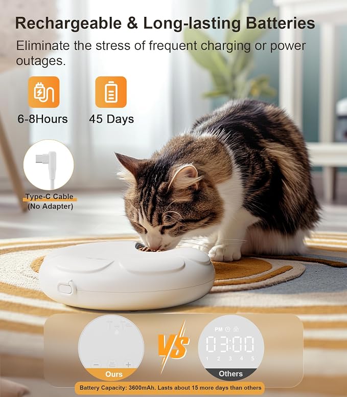 Casfuy Automatic Cat Feeder Cordless - Automatic Cat Food Dispenser for Wet Moist Food with 4 Ice Packs Rechargeable Auto Feeder for Cats Small Dogs with Programmable Timer Low Battery Indicator - Image 6