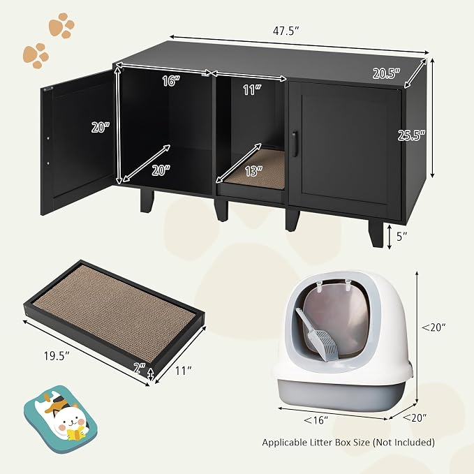 Tangkula Patented Double Cat Litter Box Enclosure for 2 Cats, Large Hidden Privacy Cat Washroom Cabinet with Scratching Board, Indoor Cat House TV Stand Side Table, Litter Box Furniture (Black) - Image 4