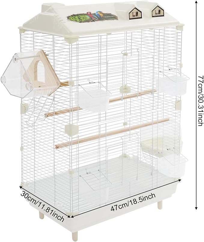2-Door Wrought Iron Bird Cage Parakeet Cage with Roof, Parrot Cage Pet Birds Flight Cage, Interactive Birdcages Bird House Travel Cages for 4-6 Small Birds (30" H, Iron Mesh w/Roof-B) - Image 2