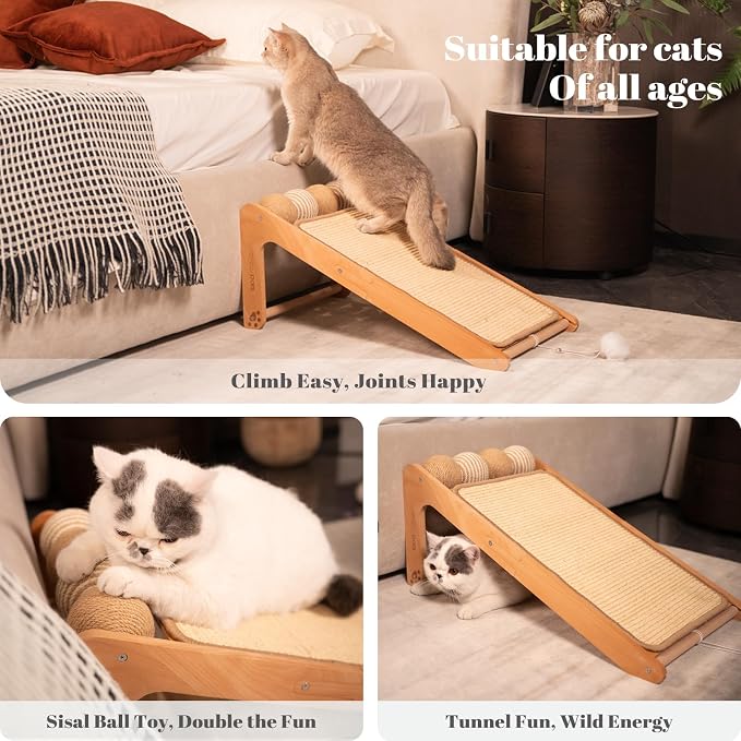 CHEERHOME PETS Sisal Cat Scratcher Ramp with Balls, 24.8" L Shape Cat Scratching Post Climbing Scratch for Indoor Cats, Solid Wooden Cat Furniture(Upgraded) - Image 4