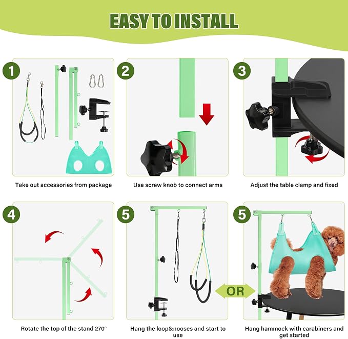 getlstub Dog Grooming Arm with Pet Grooming Hammock, 35" Pet Grooming Table Arm with Adjustable No Sit Haunch Holders, Dog Grooming Stand with Loop Noose for Small and Medium Pets, Green - Image 7