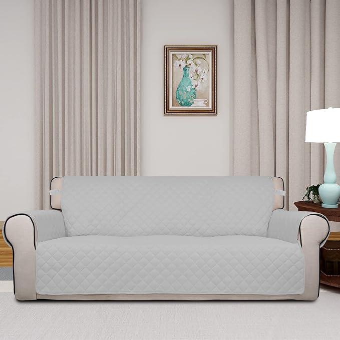 PureFit Reversible Quilted Sofa Cover, Water Resistant Slipcover Furniture Protector, Washable Couch Cover with Non Slip Foam and Elastic Straps for Kids, Pets (Sofa,Light Gray/Ivory) Large | Light Gray/Ivory, Water Resistant Couch Protector, Washable ... - Image 2