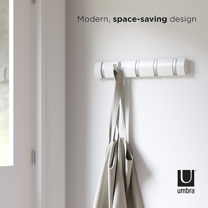 Umbra Flip Coat Rack, Wall Mounted 5-Hook Space Saving, White/Nickel | Real wood and steel build, retractable hooks fold flat, holds coats bags and scarves, easy install - Image 7