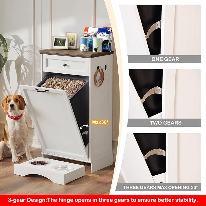 FIMELLO Dog Feeding Station, Tilt-Out Dog Food Storage Cabinet with Drawer,Pet Feeder Cabinet,White Grain - Image 4