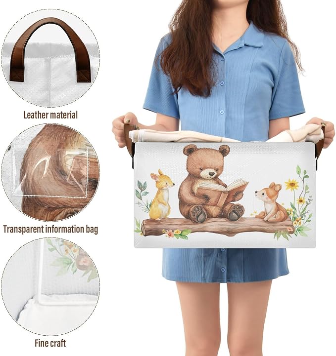 Cute Reading Bear Woodland Animal Storage Basket for Baby with Handles&Label Rectangular Waterproof Nursery Storage Bins Collapsible Organizer Baskets for Kids Cloth Gift Toys Laundry Shelf, 2 PC - Image 4