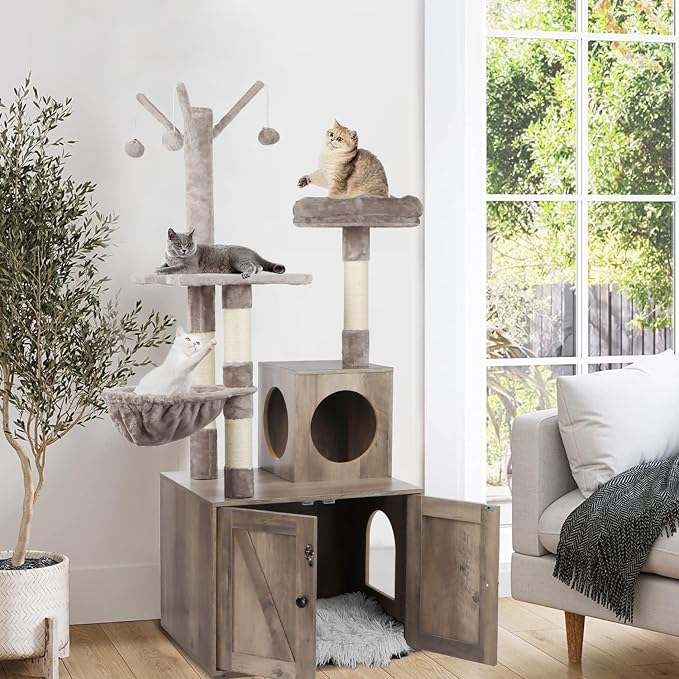 Timberer Litter Box Enclosure with Cat Tree, 2-in-1 Cat Tree Tower, Hidden Cat Litter Box Furniture with Scratching Post, Modern Cat Condo, Grey - Image 3