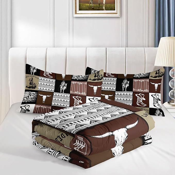 Western Cowboy Comforter Set Bull Skull Horse Printed Bedding Set with 1 Comforter and 2 Pillowcases for Boys and Girls Bedroom All Season(Cowboy-2 Full) - Image 4