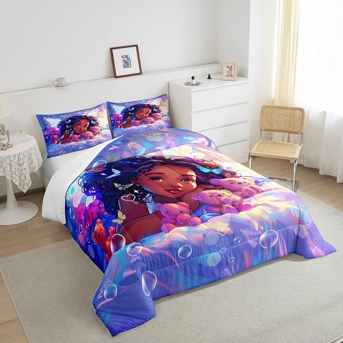 Manfei Cute American Style Girl Comforter Set for Kids,Fantasy Starry Fairy Wings Bubbles Bedding Set Teens Girls,Dreamy Princess Black Lovely Kid Comforter with 1 Pillowcase for All Seasons,Twin - Image 4