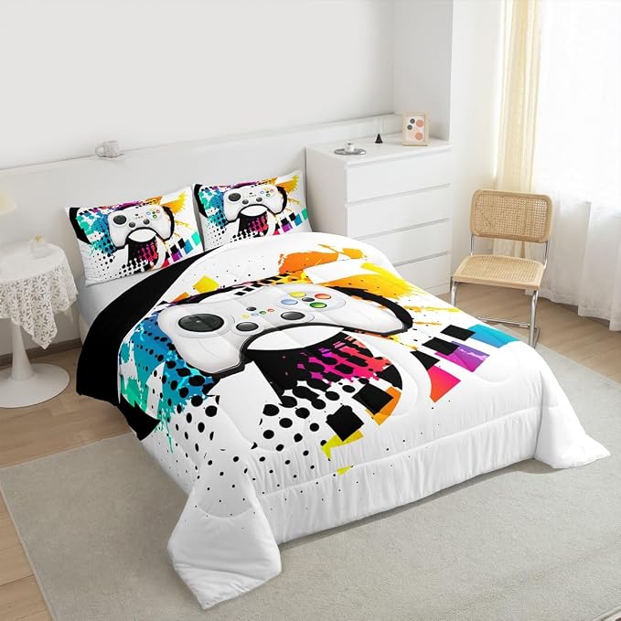 Kids Gaming Comforter Set Queen Gamer Bedding Set, Modern Console Game Controller Duvet Set For Boys Girls Teens, White Gamepad Quilt Set, Tie Dye Colorful Comforter Set Grey White Soft Bedding Set - Image 3