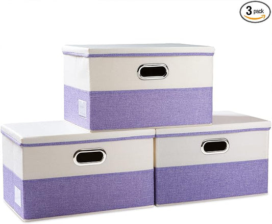 PRANDOM Large Foldable Storage Bins with Lids [3-Pack] linen Fabric Decorative Storage Boxes Organizer Containers Baskets Cube with Handles Divider for Bedroom Closet Purple&Cream(17.7x11.8x11.8) by Prandom