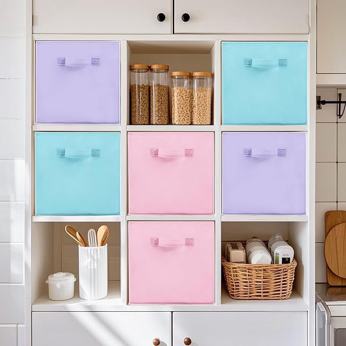 11 Inch Fabric Storage Cubes, Sturdy Foldable Storage Bins, Heavy Duty Cube Organizer for Clothes, Blankets, Shelves, Closets, Bedroom, Living Room, Multi-Color, 3 Pack - Image 5