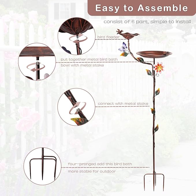 MUMTOP Bird Bath and Feeder for Outdoors, 53in Height Metal Birdbath Copper | Antique Garden Bird Feeder and Bath with Stable Metal Stake for Outside Yard Lawn Decor, Metal Garden Bird Water Station - Image 5