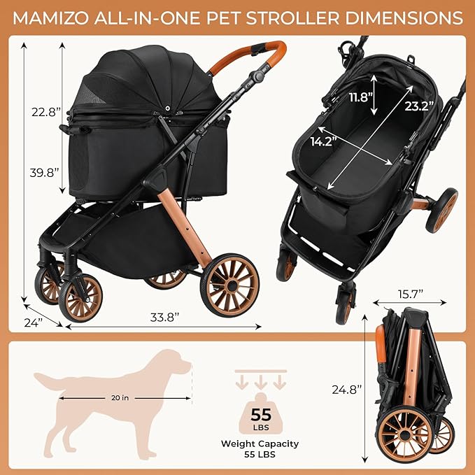 MAMIZO Foldable Dog Stroller for Medium Dogs Cats Up to 55 Lbs, Adjustable Height Handle, Pet Stroller with Aluminum and Carbon Steel Frame, Sun Shades, Storage Basket & Shock Absorbers, All-Terrain