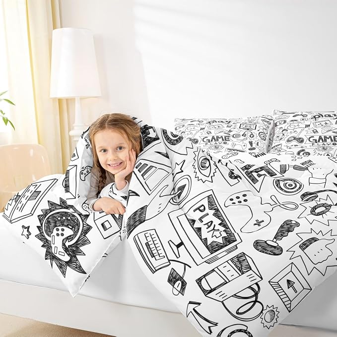 Erosebridal Gaming Comforter Set King, Kids Gamepad Cartoon Bedding Set Video Games Gamers Duvet Set Hip Hop Graffiti Quilt Set Racing Car Comforter Set, Black White Printed Bedroom Decor - Image 6