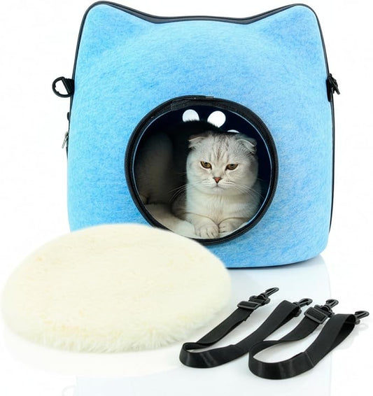 Cat Cave Bed for Indoor Cats – Felt Covered Hideaway with Cushion, Foldable Enclosed Pet House, Portable Cozy Cave Bed for Medium & Large Cats (Blue) by Unknown
