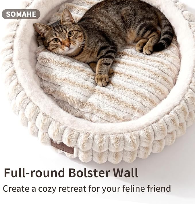 SOMAHE Cat Bed, Round Plush Faux Fur Donut Cuddler – Machine Washable Calming Cat Bed for Indoor Cats & Kittens, Removable Cushion Non-Slip Fluffy Kitten Bed, Cozy Small Cat Nest, 20" Inch White - Image 5