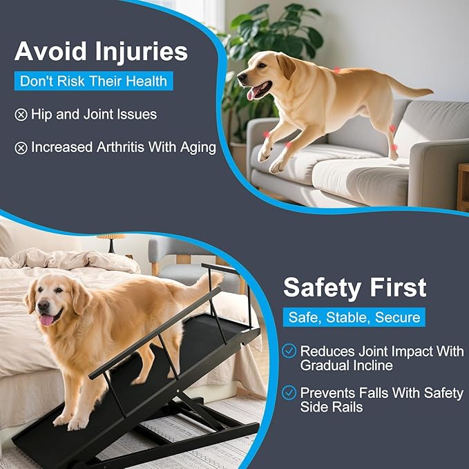 Dog Ramp for Bed and Couch- 5 Height Adjustable Premium Solid Wood Pet Ramp for Small, Medium Dogs, Collapsible Anti-Slip Dog Ramp for Sofa, Couch & Beds (Black, 115)