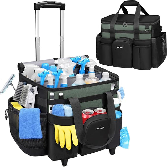 Ytonet Cleaning Caddy with Wheels, Extra Large Rolling Cleaning Caddy Bag with Detachable Trolley for Housekeepers, Water Resistant Cleaner Supplies Organizer with Wheels for Kitchen, Tool Organizer by YTONET