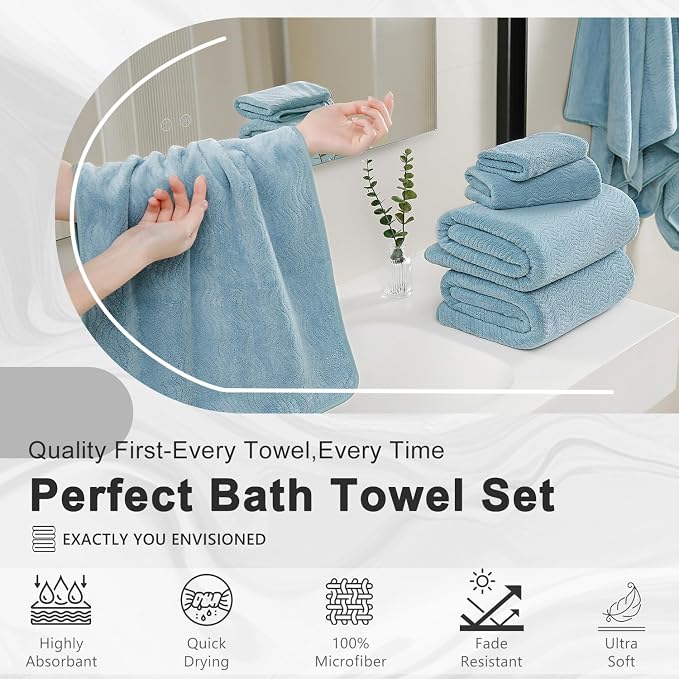 8 Piece Bath Towel Set |2 Oversized Large Bath Sheet,2 Hand Towels,4 Washcloths| Ultra Soft Bath Towel Set for Bathroom Hotel Gym Spa,Highly Absorbent Quick Dry Bathroom Towel Collections,Turquoise - Image 6