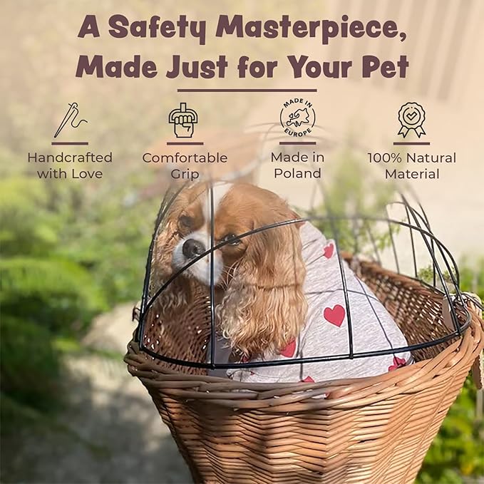 Natural Wicker Dog Bike Basket - 100% Organic Rattan Pet Carrier with Protective Grille - Eco Friendly Design - Soft Cotton Cushion & Mounting Bracket for Secure Bicycle Rear Luggage Rack