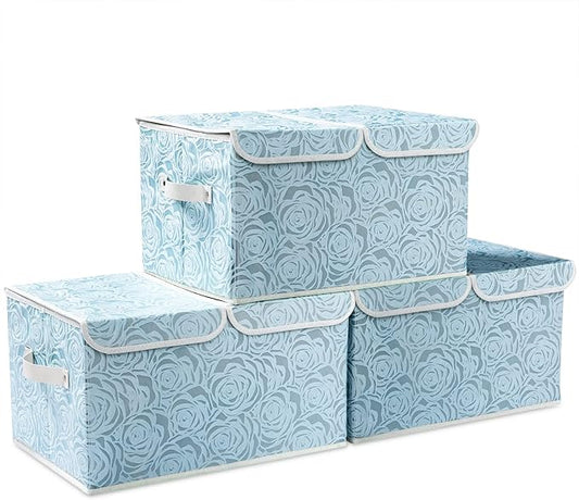 PRANDOM Large Stackable Storage Bins with Lids Fabric Decorative Storage Box Cubes Organizer Containers Baskets with Cover Handles Divider for Bedroom Closet Living Room 17.3x11.8x9.8 Inch 3 Pack by Prandom
