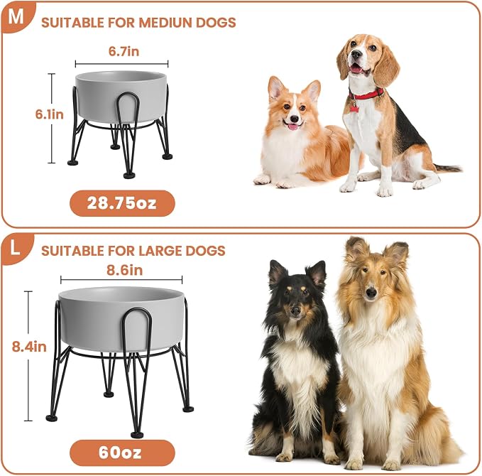 Elevated Dog Bowls, Ceramic Raised Dog Bowl Set with Anti-Slip and Non-Tip Metal Stand, 2 Pack Pet Food and Water Feeding Bowls for Small and Medium Dogs (Gray,3.6 Cups) - Image 3