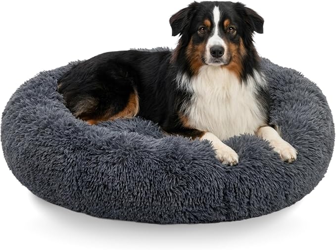 Active Pets Premium Large Donut Dog Bed, Fits Up to 100 lbs, Machine Washable Cushion, Plush Long Pile Faux Fur Fabric, Portable Dark Gray Pet Bed Furniture for Puppies Adult Canines & Cats by ActivePets