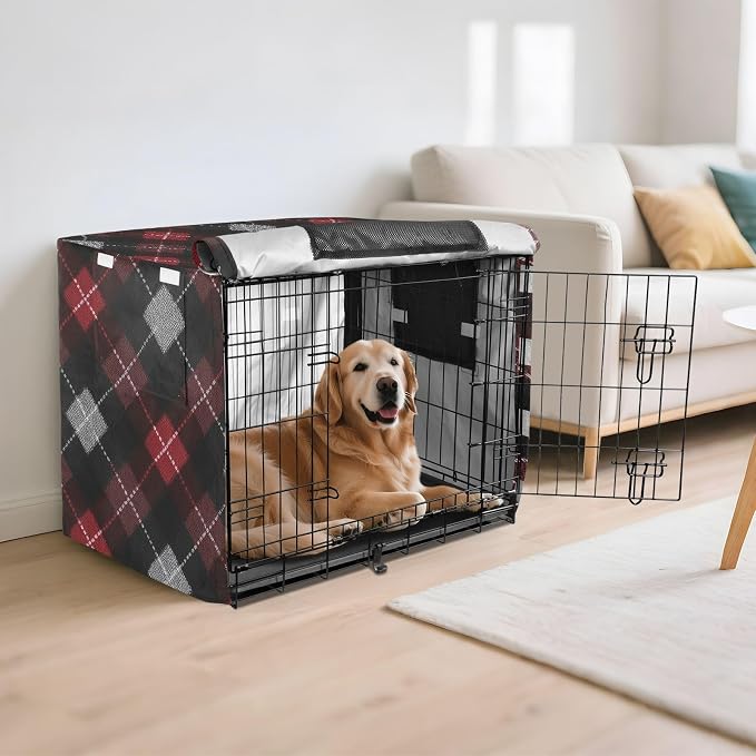 Dog Crate Cover Kennel Cover for Dog Cages Breathable for Wire Cage Indoor Outdoor Dark Red Black Argyle - Image 6