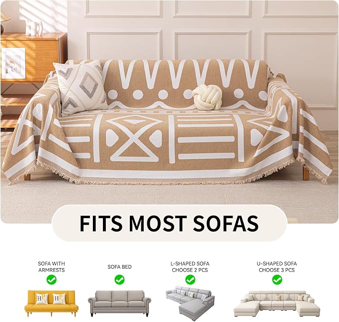 Deep Dream Boho Couch Cover, Non Slip Soft Chenille Couch Covers for 3 Cushion Couch, Thick Sofa Slipcover Sectional Sofa Cover Washable Couch Protectors for Dogs (Khaki, 71"x118") - Image 6