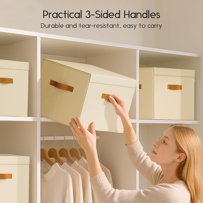 Homsorout Large Storage Bins with Lids - Front Opening Fabric Storage Bins, Flap Closet Organizer with Handles, Collapsible Boxes with Lid, Decorative Basket for Home, Dorm, 2 Pack, Beige - Image 4