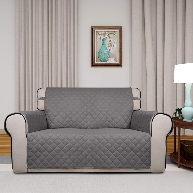 PureFit Reversible Quilted Sofa Cover, Water Resistant Medium Slipcover Furniture Protector, Washable Couch Cover with Non Slip Foam and Elastic Straps for Kids, Dogs, Pets (Loveseat, Gray/Light Gray) | Gray/Light Gray, Water Resistant Couch Protector,... - Image 2