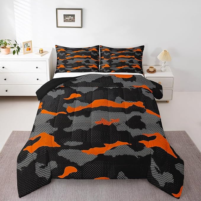 Erosebridal Army Camouflage Comforter Set King Size Teens Adult Camo Bedding Set for Kids Boys Girls Colorful Pattern Decor Down Comforter Orange Black Grey Duvet Set Geometric Pattern Quilt Set by Erosebridal