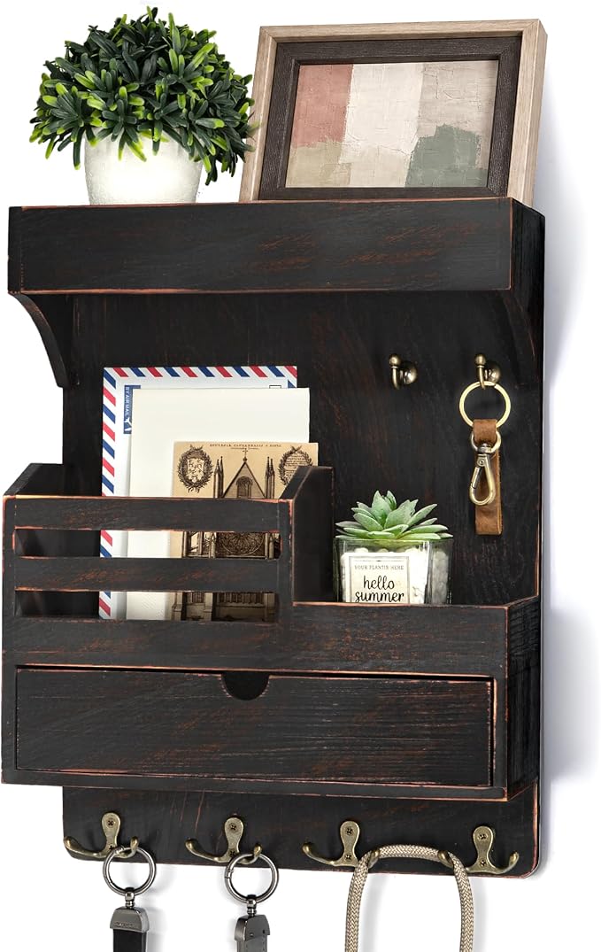 Rebee Vision Key Holder Wall Mount with Shelf for Entryway,Distressed Black | Pine Wood, Key Holder for Wall, 6 Key Hooks, Shelf, Plant Display, Drawer Organizer, Mail Organizer, Home Decor Aesthetic by REBEEVISION