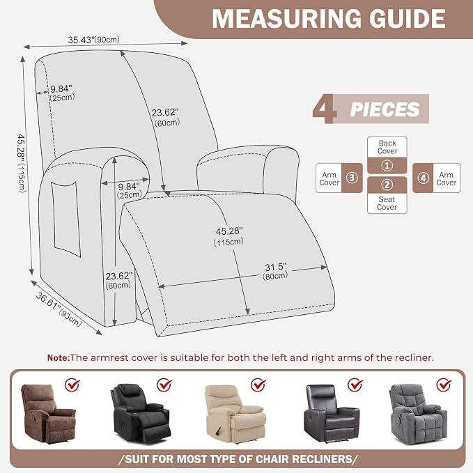 vctops Diamond Recliner Cover 4-Pieces Recliner Stretch Sofa Slipcover 1 Seater Couch Protector Soft Solid Furniture Protector Covers with Elastic Strap (Camel,1 Seat) - Image 2