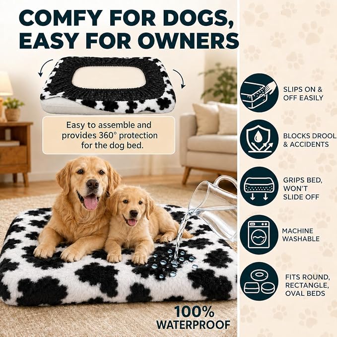 Waterproof Dog Bed Cover Replacement, Luxury Faux Fur Calming Pet Bed Cover with Fitted Sheet Design, Anti-Slip Bottom & Elastic Cord, Washable Protective Topper for Orthopedic Dog Beds - Image 3