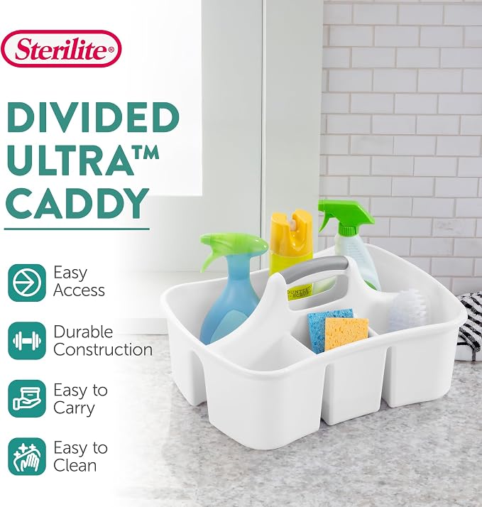 Sterilite Divided Ultra Caddy Storage Organizer for Bathroom, White 18-Pack | Large Organization Holders and Stackable Plastic Containers for Toilet, Sink, Laundry, and Kitchen Cleaning Supplies - Image 2