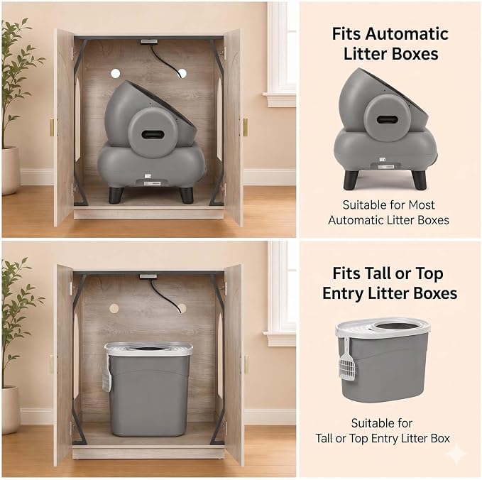 unipaws Cat Litter Box Enclosure for Self-Cleaning & Automatic Litter Boxes | Extra Large Cabinet with Charging Station, Wooden Dog Proof Hidden Cat House for Top Entry Litter Box - Image 2