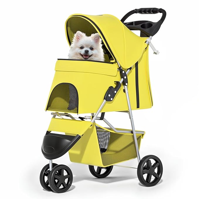 MoNiBloom Foldable Pet Stroller with Waterproof Cover, 3-Wheels Dog Strolling Cart for Small/Medium Dogs and Cats with Storage Basket and Cup Holder, Breathable and Visible Mesh for All-Season, Yellow