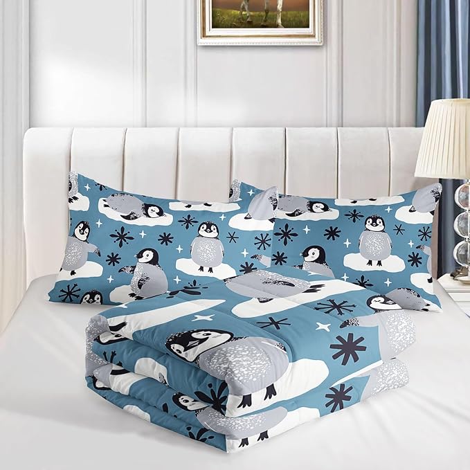 Cartoon Penguin Comforter Set Antarctica Animals Wildlife Printed Bedding Set with 1 Comforter and 2 Pillowcases for Boys and Girls Bedroom All Season(Penguin Full) - Image 4