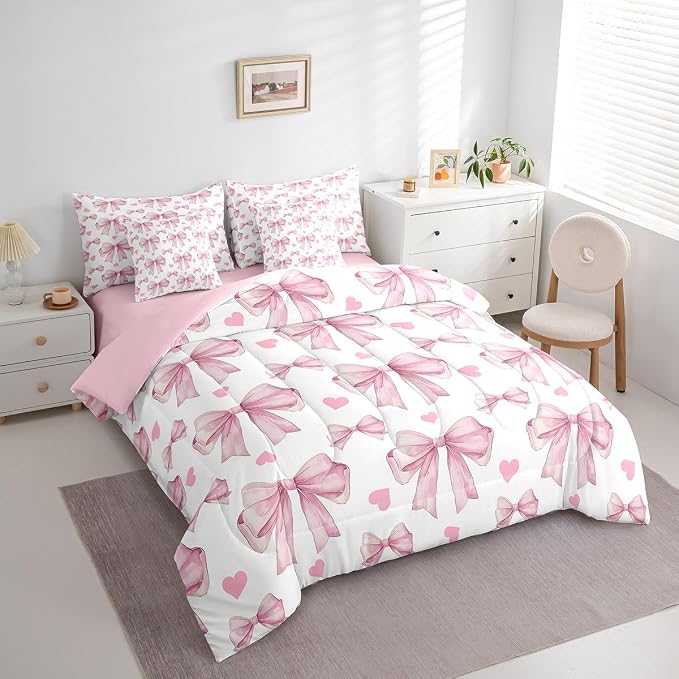 Erosebridal 7 Piece Pink Bowknot Kids Comforter Set King Bed in a Bag,Dreamy Princess Style Girls Bedding Set,Teens Romantic Love Heart Pattern Duvet Insert,Geometric Heart Bow Valentine Sheet Set - Image 3