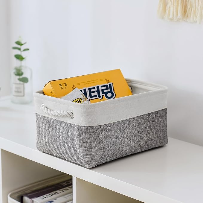 TheWarmHome Storage Bins for Shelves - 13.8L×9.8W×6.7H inch 3 Pack Medium Collapsible Storage Baskets for Organizing | Fabric Storage Cubes for Linen Closet Toy Home (White&Grey) - Image 6