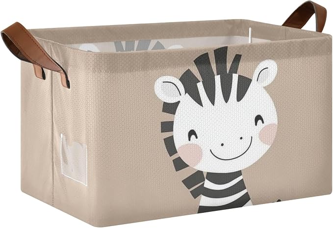 Cute Happy Zebra Brown Animal Storage Basket for Baby with Handles&Label Rectangular Waterproof Nursery Storage Bins Collapsible Organizer Baskets for Kids Cloth Gift Toys Laundry Shelf by Unknown