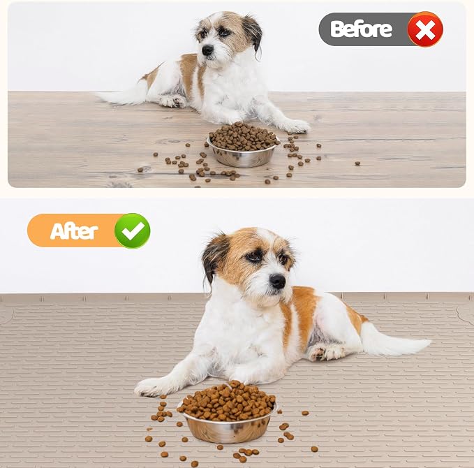 Dog Food Mat 70''x45'' Extra Large Dog Mat for Food and Water, Khaki | Silicone Dog Bowl Mat with Raised Edge, Waterproof Non-Slip Pet Feeding Mat for Floors, fit for Dog Cat Bowls - Image 4