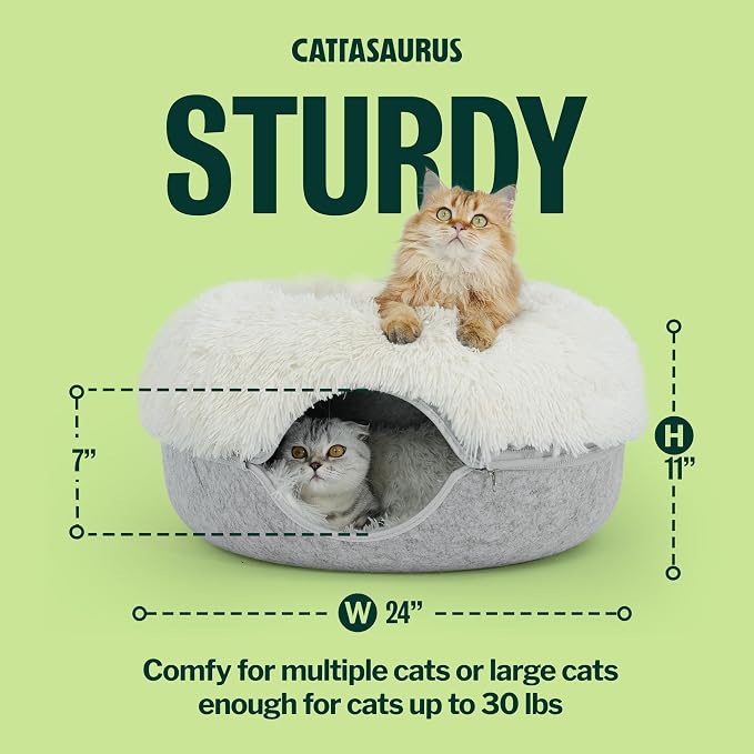 CATTASAURUS Peekaboo Cat Cave for Multiple & Large Cats Up to 30-45 Lbs, Fluffy Cat Beds for Indoor Cats, Scratch Detachable & Washable Tunnel Bed, Comfy Donut Cave (Light Gray, Large (Calming)) - Image 2