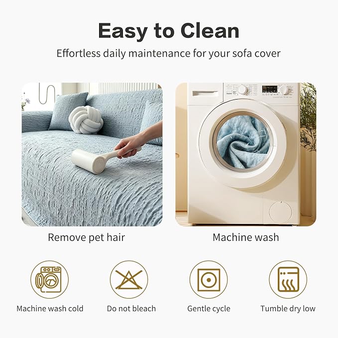DREAMINGO Bubble Textured Cooling Sofa Cover, Ice Silk Breathable Couch Cover Blanket for Pet & Hot Sleepers, Washable Furniture Protector for 2 Cushion Couch, Sky Blue, Large 71"x118" - Image 6