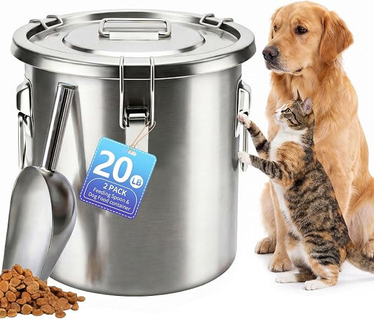 20LB Stainless Steel Dog Food Storage Container with Lid & Scoop, Large Dog Food Storage Container for Dry Pet Food, Metal Dog Food Container, Pet Food Storage Container for Kibble by PawtyPets